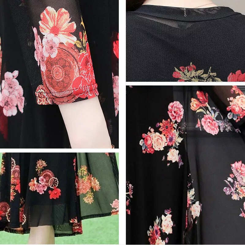 Vestido sem mangas com decote redondo e estampa floral com cardigan