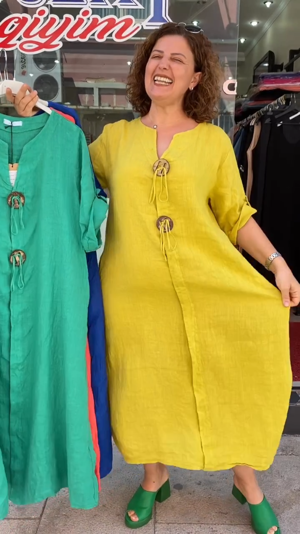 🌈【S-5XL】 Novo vestido de algodão e linho com decote em V, confortável e moderno