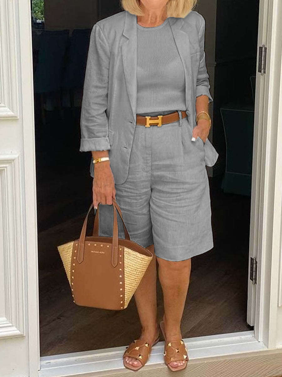 Conjunto casual de duas peças de jaqueta e shorts de manga longa