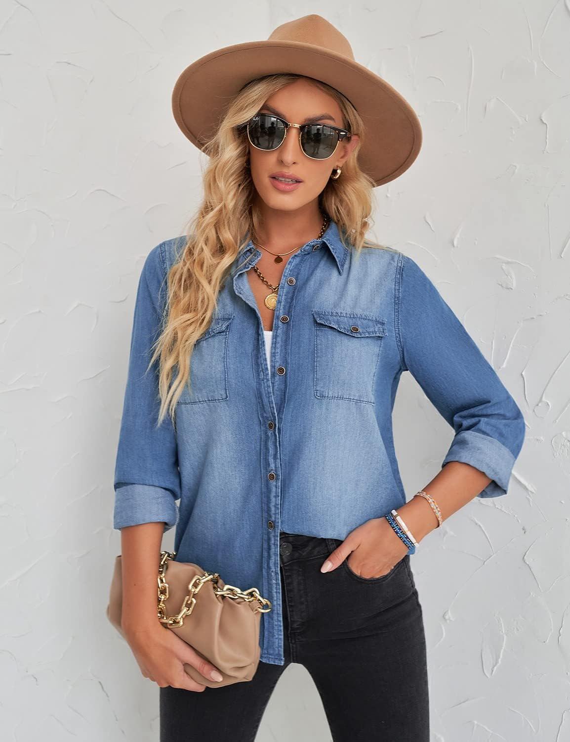 luvamia farmer ing Női Chambray Jean Western Shirts Hosszú ujjú gombos felsők