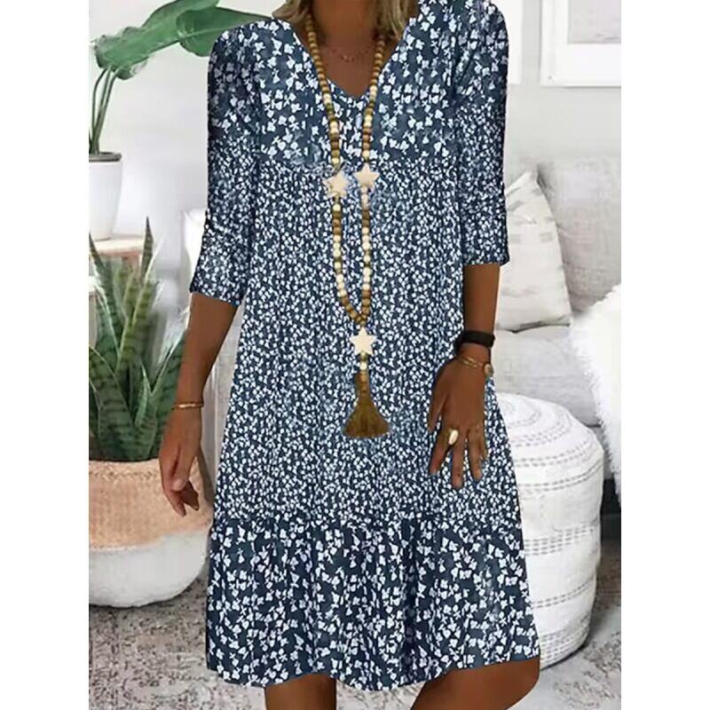 Novo vestido midi estampado de verão com manga comprida e decote em V para mulheres