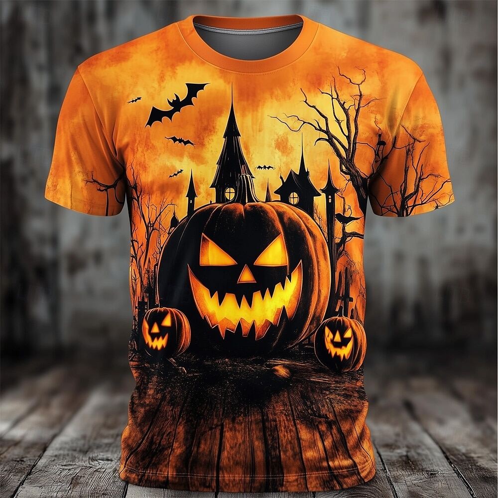 Halloween Men's Pumpkin 3D Printed Crew Neck T-Shirt Short Sleeves