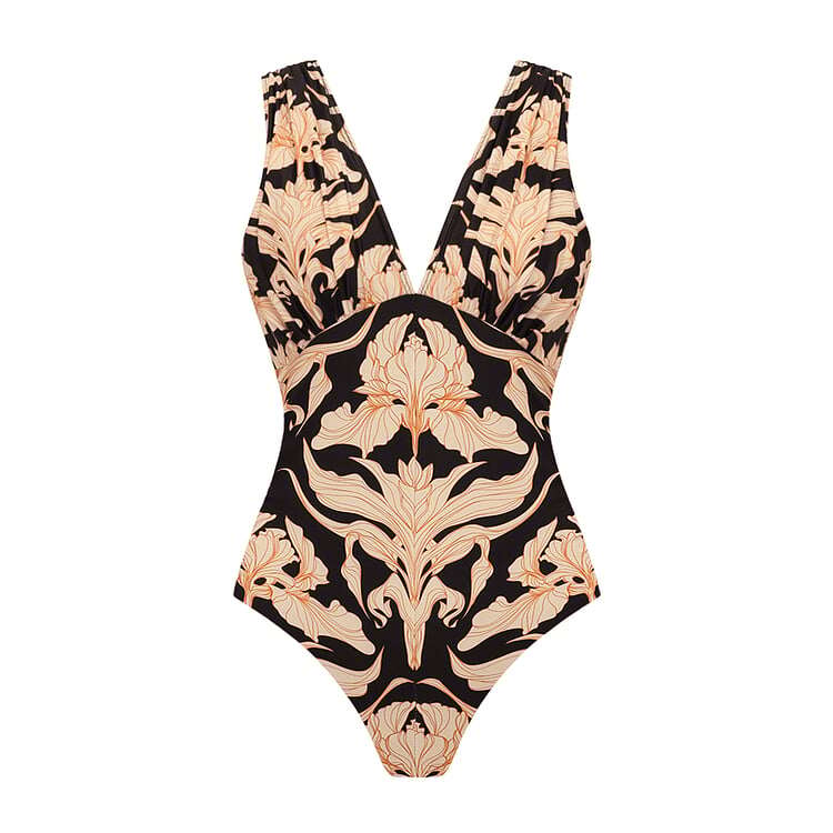 💖 V Neck Iris Print One Piece and Skirt Swimsuit Set
