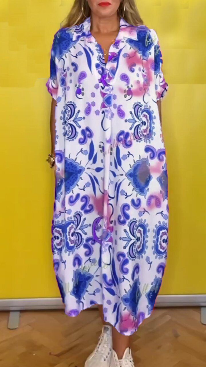 Vestido solto estampado com lapela casual
