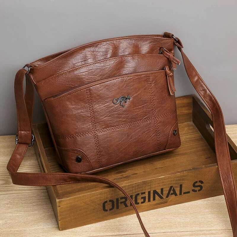 Bolsa de ombro de grande capacidade com vários bolsos e mensageiro de couro macio
