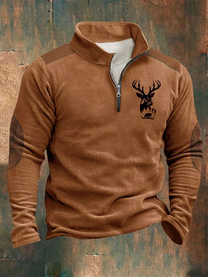 Moletom masculino com zíper e gola alta estampada estilo ocidental