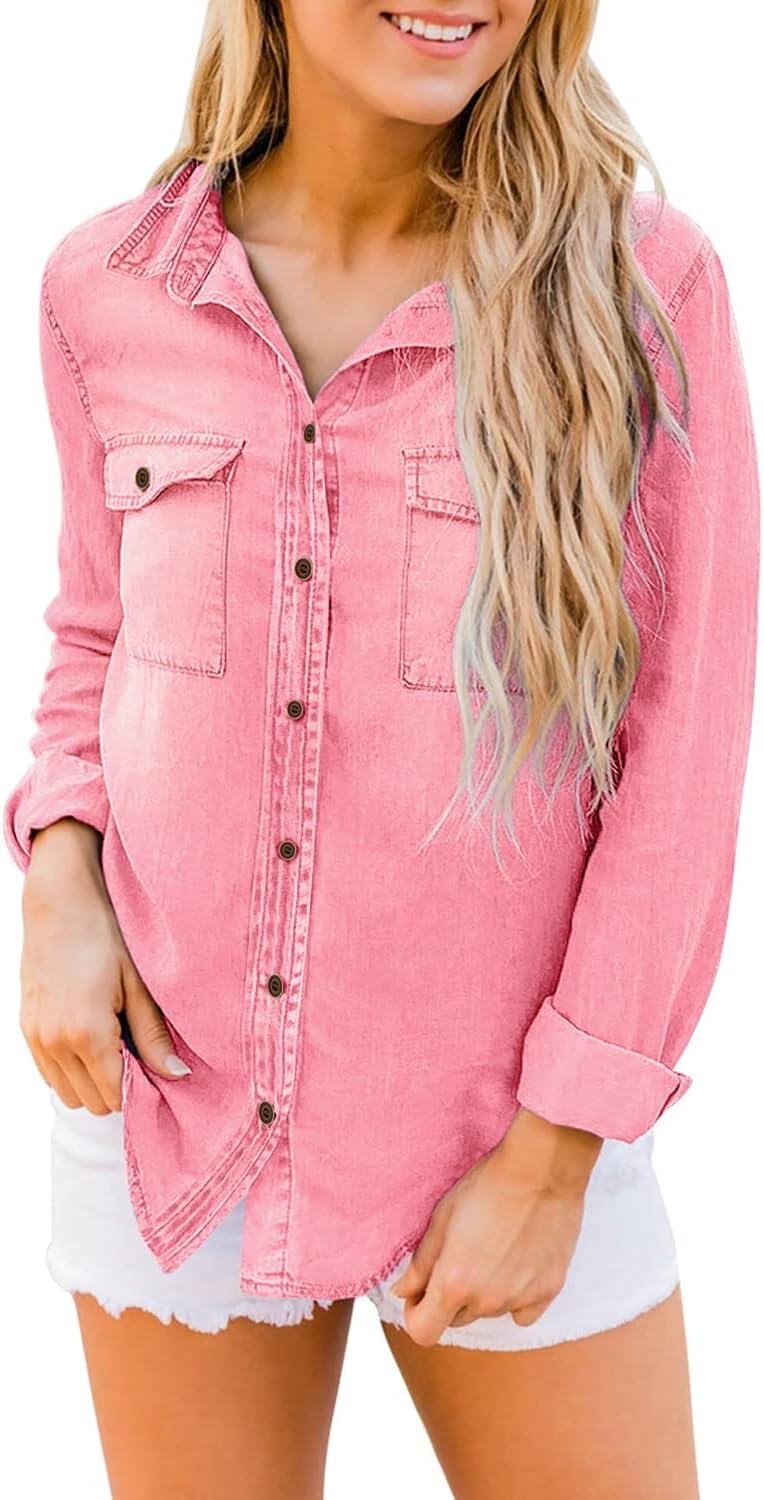 luvamia farmer ing Női Chambray Jean Western Shirts Hosszú ujjú gombos felsők