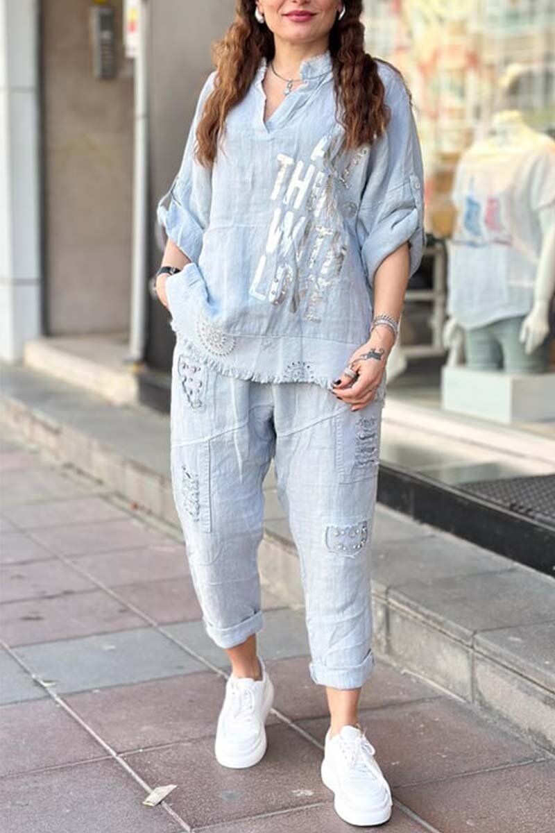 Conjunto blusa + calça dia feminino em algodão e linho