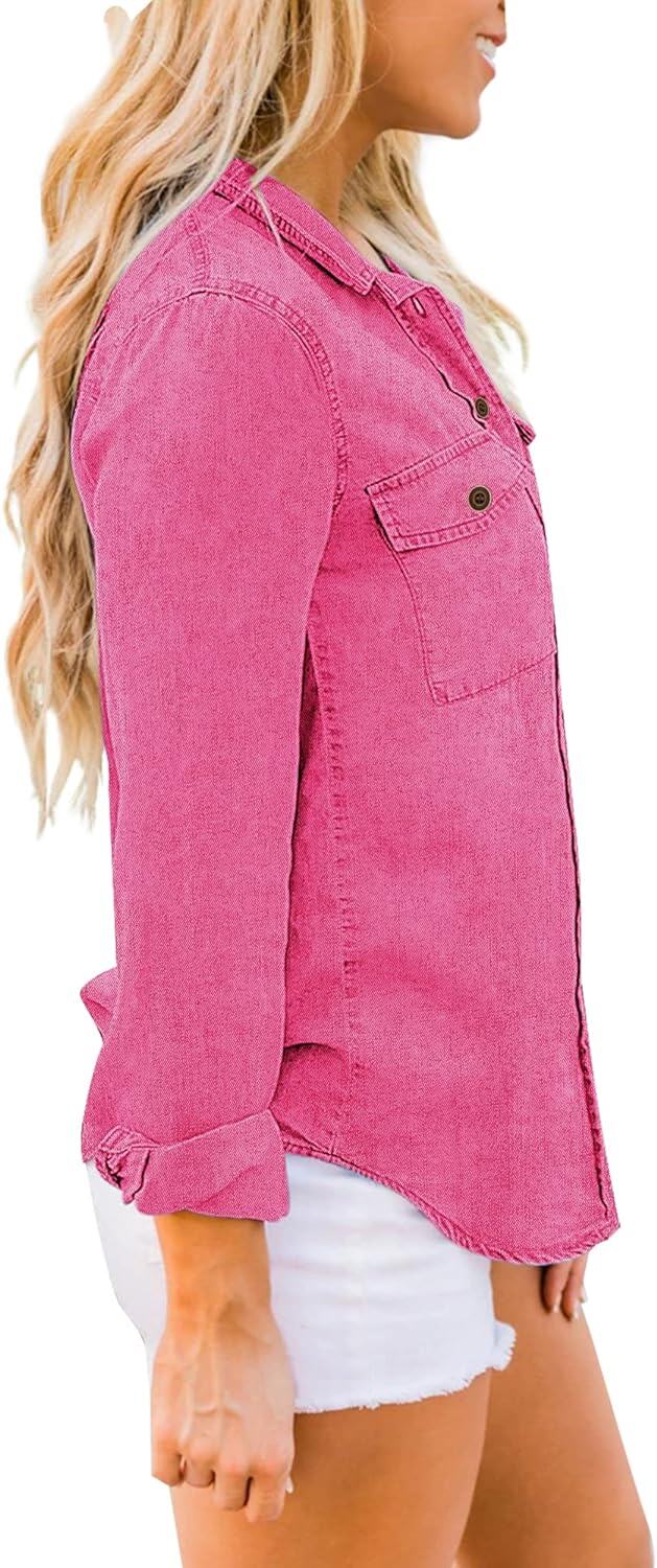 luvamia farmer ing Női Chambray Jean Western Shirts Hosszú ujjú gombos felsők