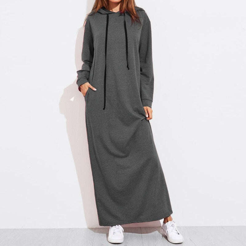 Vestido feminino de moletom de manga comprida com capuz