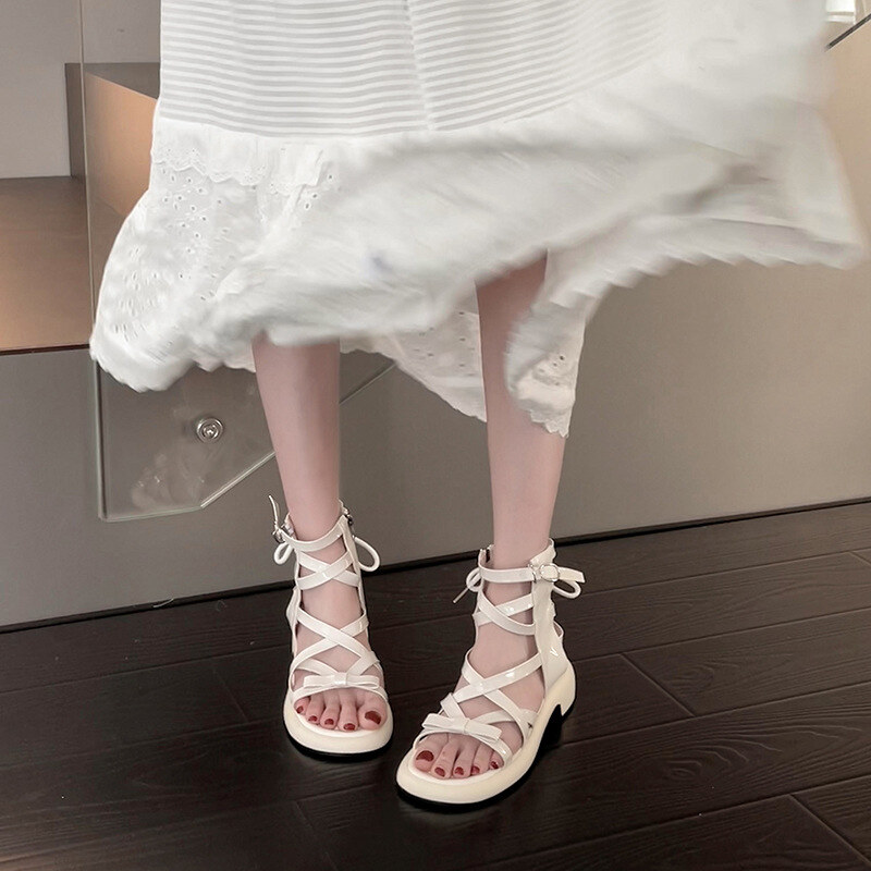 2024 novos sapatos romanos de verão com sola grossa e cano alto
