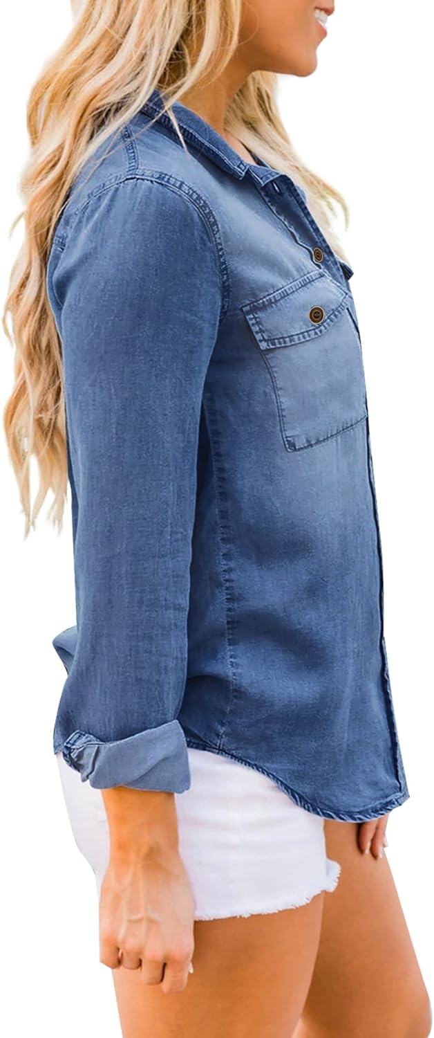 luvamia farmer ing Női Chambray Jean Western Shirts Hosszú ujjú gombos felsők