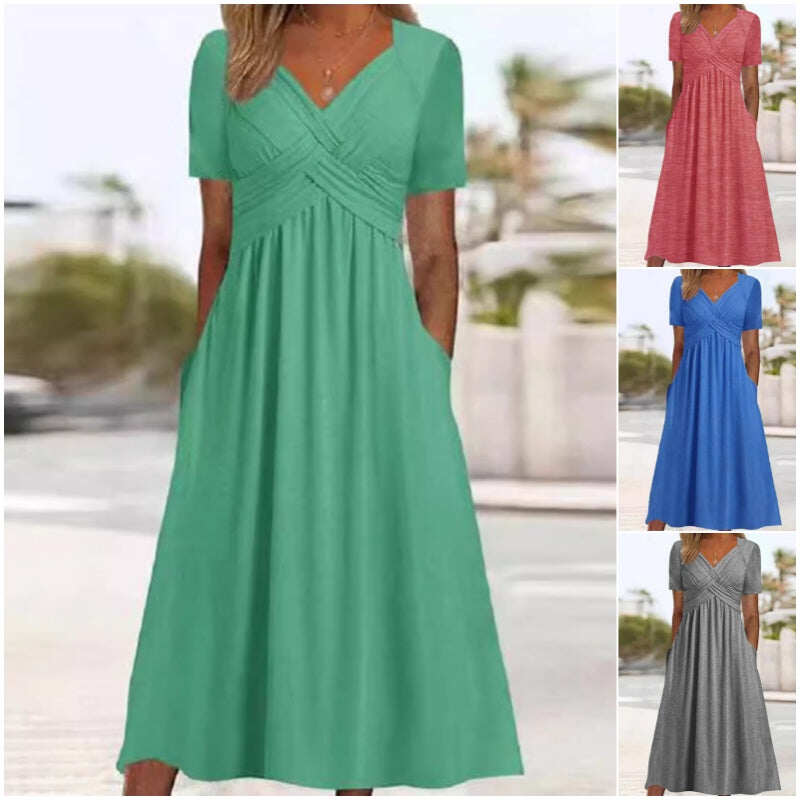 Vestidos de mulher de manga curta e decote em V