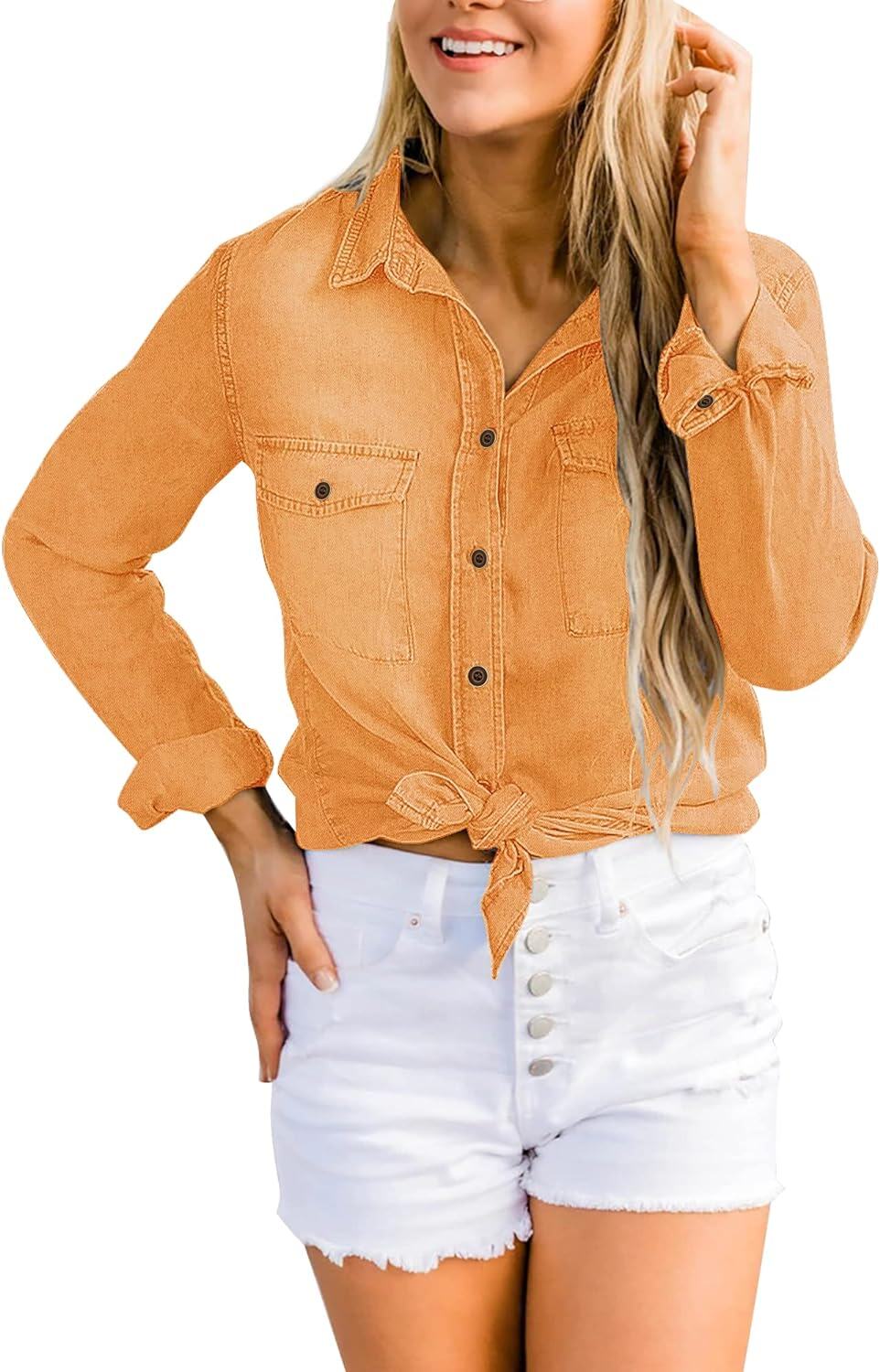 luvamia farmer ing Női Chambray Jean Western Shirts Hosszú ujjú gombos felsők