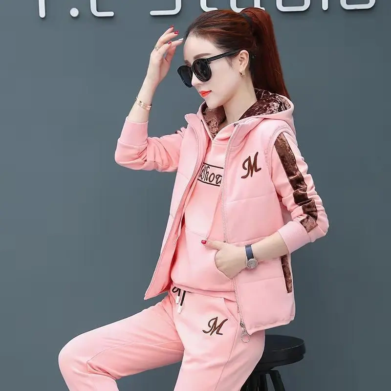 【Suéter + colete + calça】Pulôver feminino de lã grossa com capuz de três peças