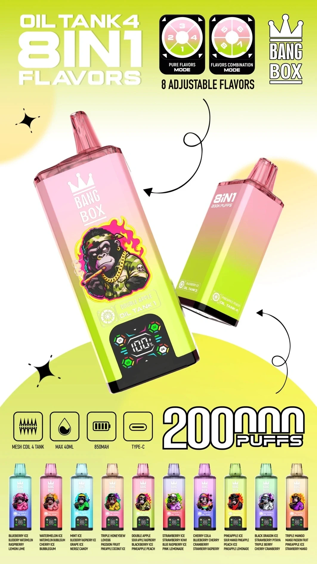 Személy aki Bang Box 8 in 1 Disposable Vape-et használ rózsaszín és sárga színben, Double Apple flavor