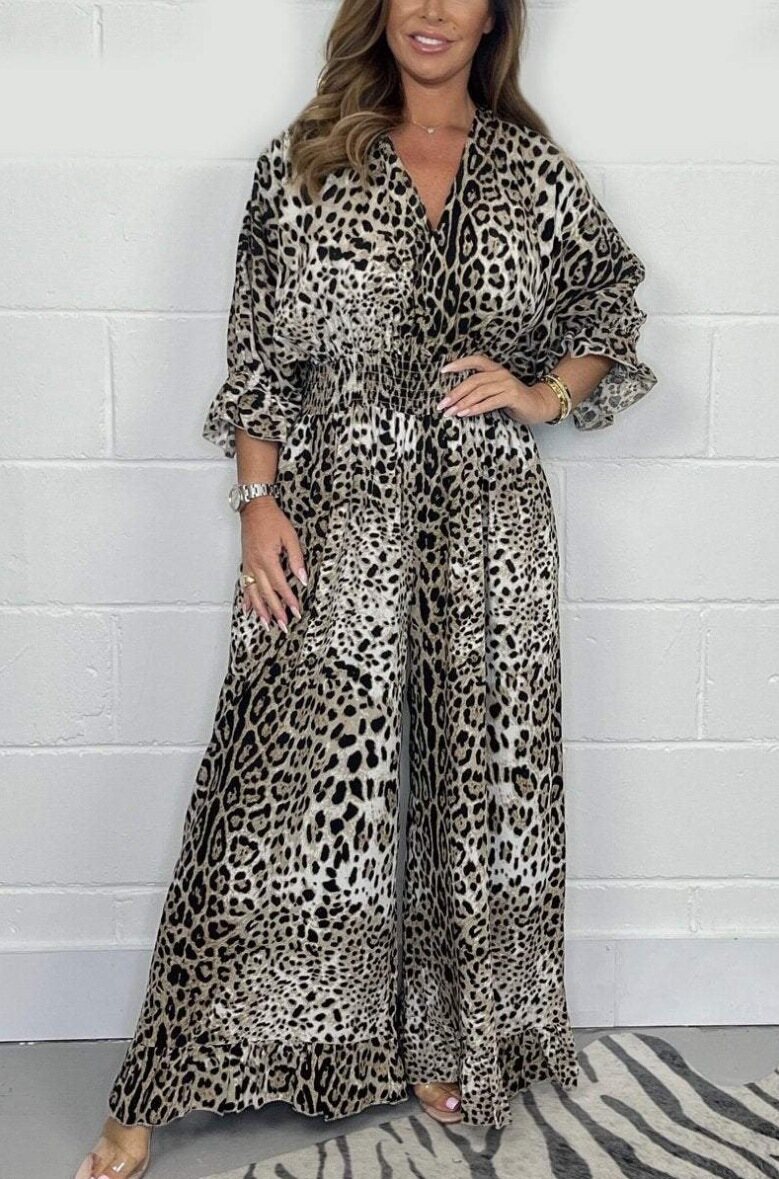 2024 Nova moda macacão casual de pernas largas com estampado leopardo