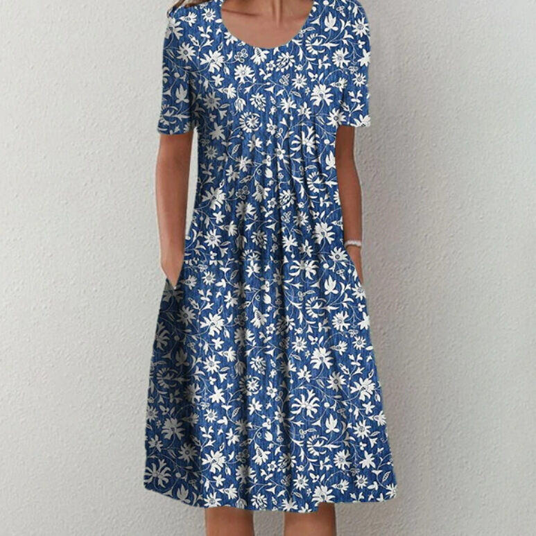 Vestido midi feminino primavera e verão com gola redonda estampado floral e bolso