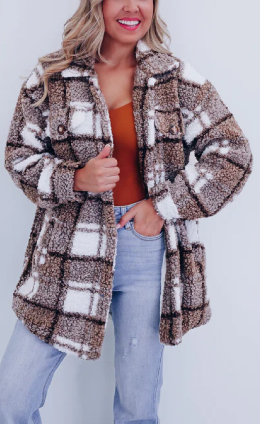 Jaqueta xadrez retrô casual de lã polar