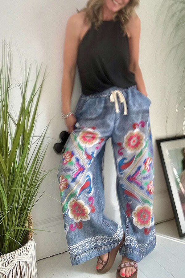 Hippie Floral Print Jeans Cintura Elástica Perna Larga