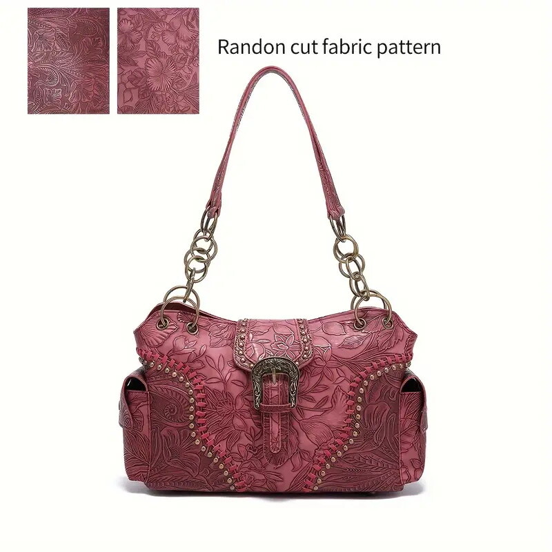 Vintage Flower Embossed Handbag, Punk Style Tote Bag, Y2K Chain Shoulder Bag For Women