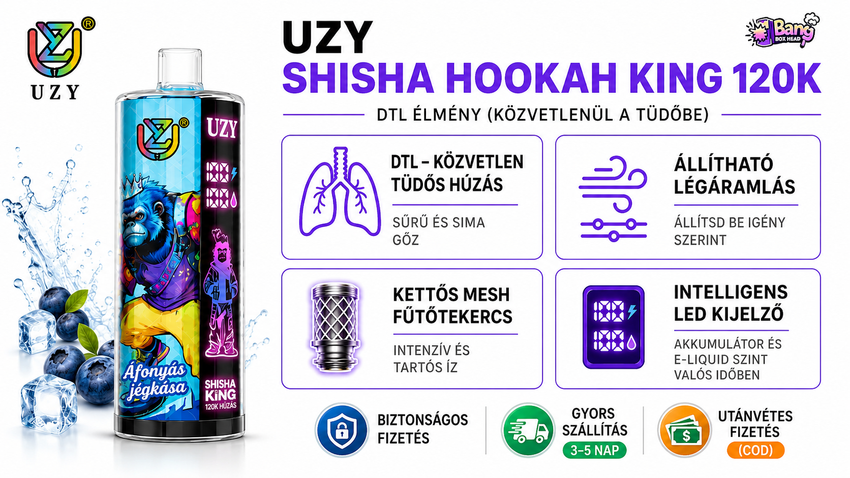 UZY Shisha Hookah King 120 000 slukkot | Vape DTL Crystal Újratölthető
