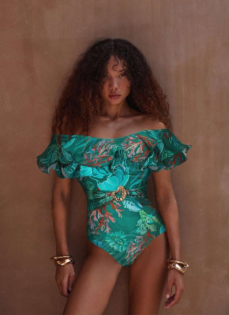2025 New design - Removable Shoulder Strap Off Shoulder Marine Organism One Piece Swimsuit Set