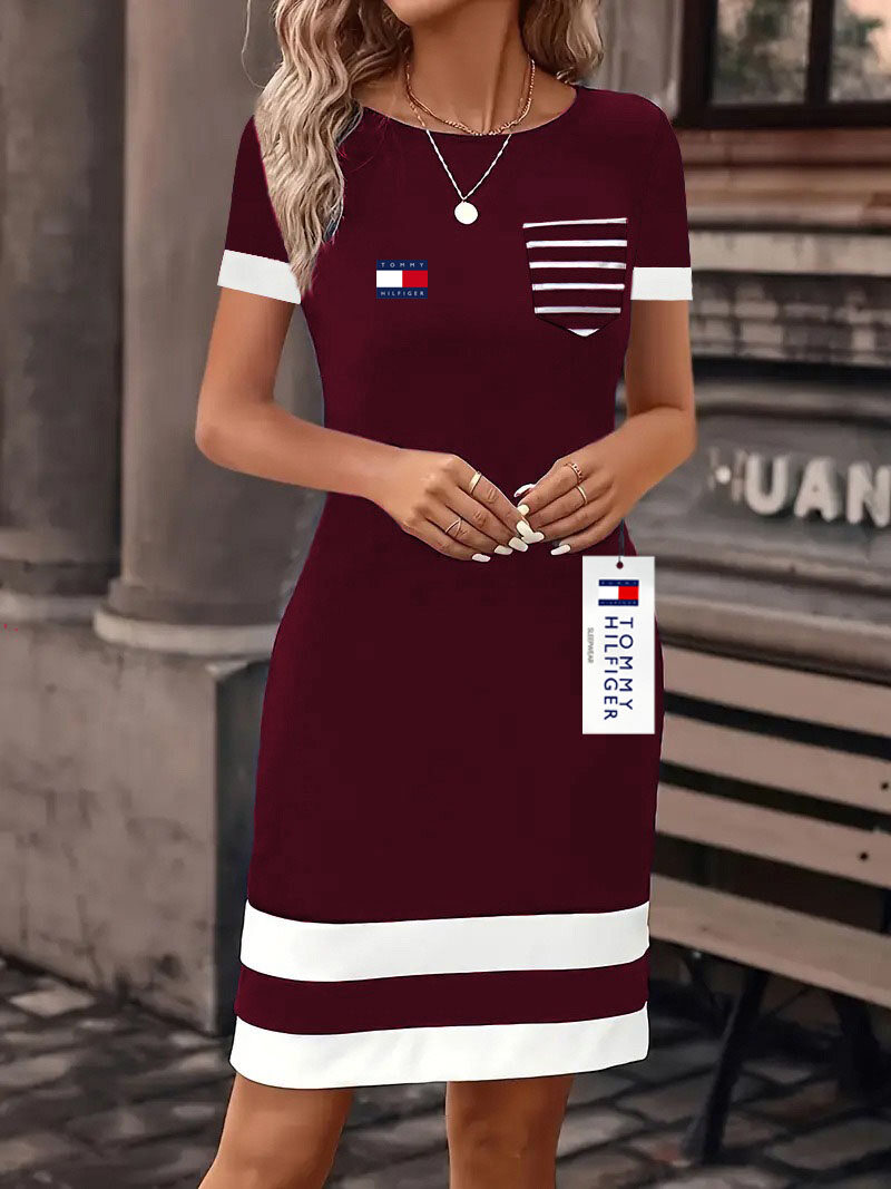 Modna i elegancka sukienka z krótkim rękawem i okrągłym dekoltem w bloki kolorystyczne