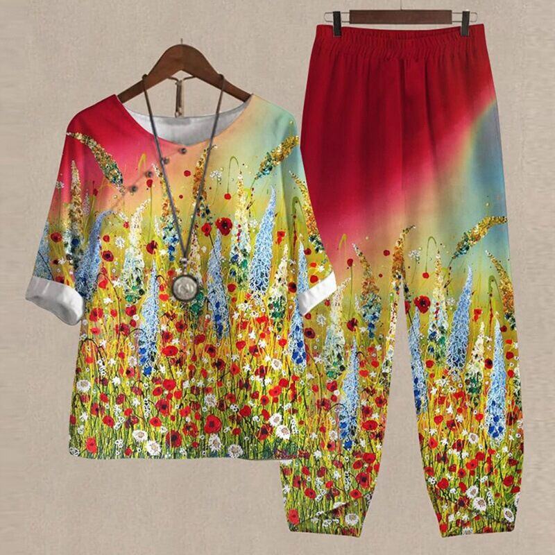 【S~5XL】😍2024 Novo conjunto de blusas e calças estampadas de duas peças