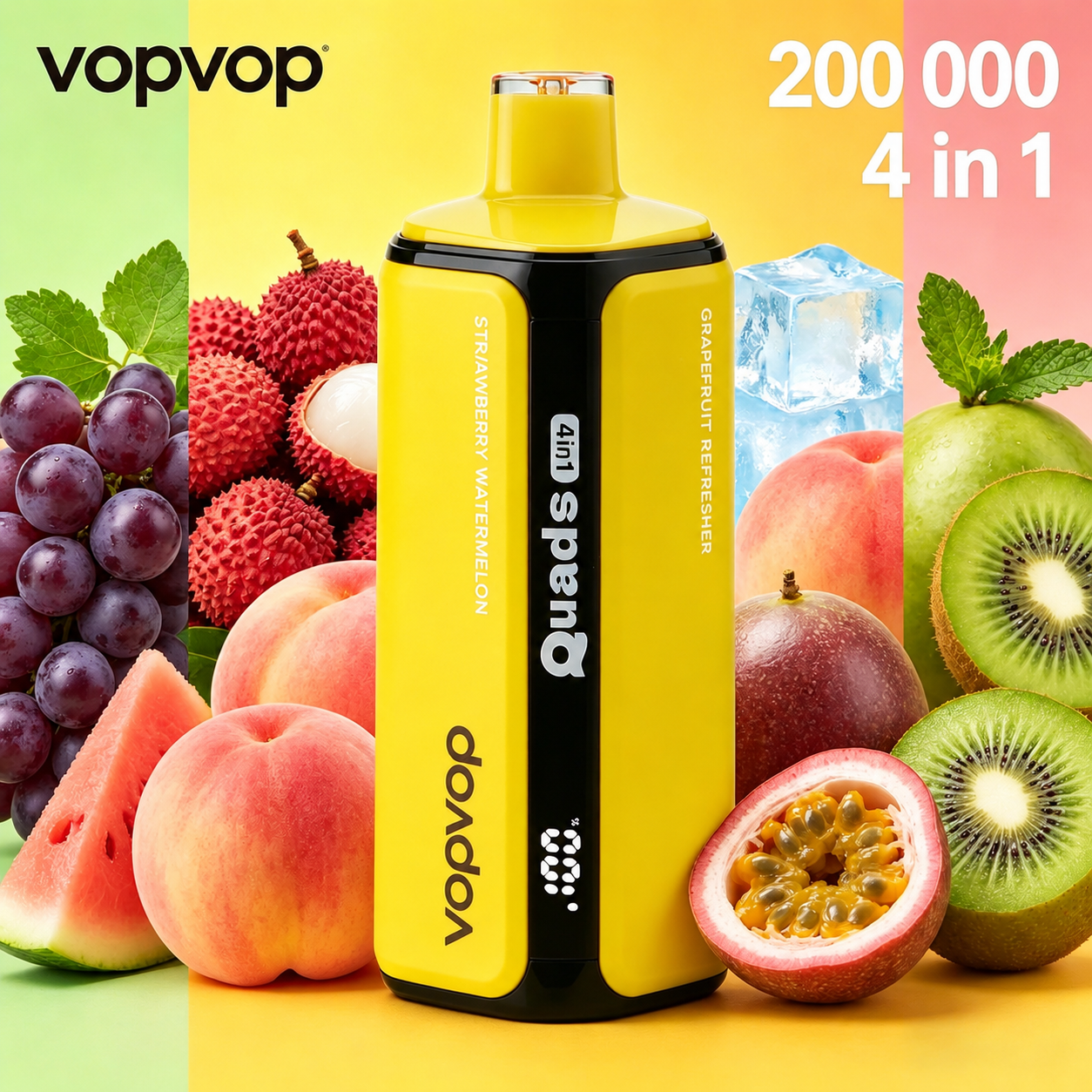 🚀 VOPVOP 200K – 200 000 slukkot bír ki | Négy íz egyben | Eldobható elektronikus cigaretta, nikotintartalom 0% / 2% / 5% • 10 íz