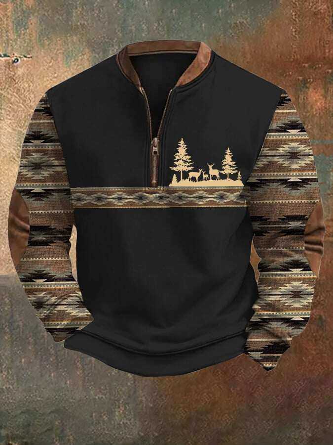 Moletom masculino vintage com estampa asteca ocidental e zíper com gola