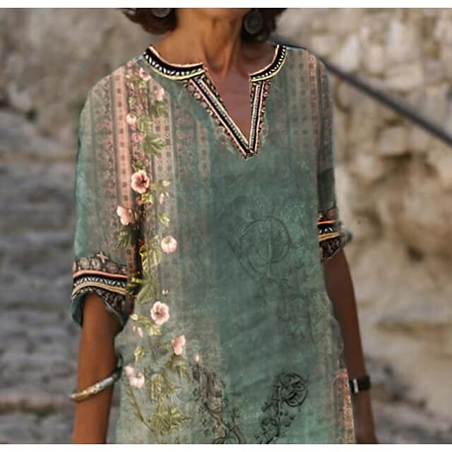 Vestido casual de meia manga com estampa floral de Outono de comprimento médio