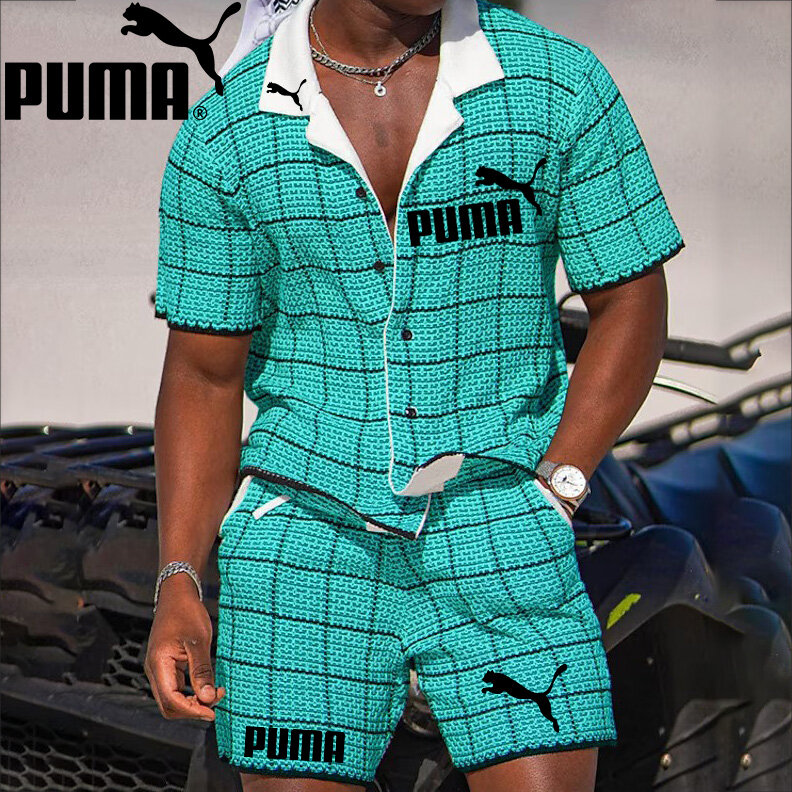 Terno masculino elegante de duas peças composto por uma camisa e shorts