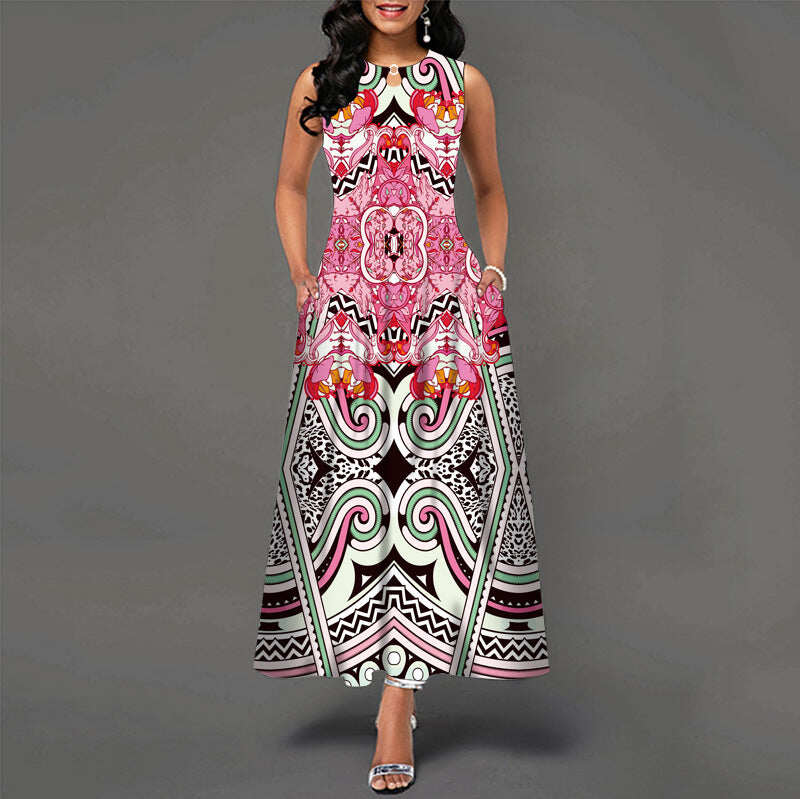 Vestido boho estampado sem mangas descontraído