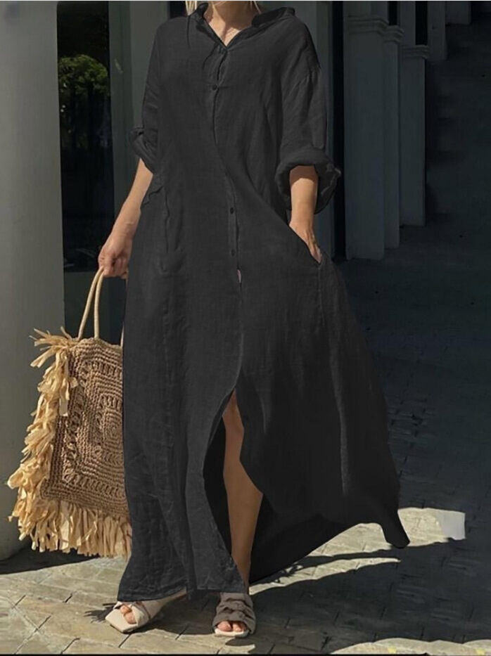 Vestido Casual Camisa Gola com Bolso Saia Longa Plus Size Vestido Casual de Linho de Algodão