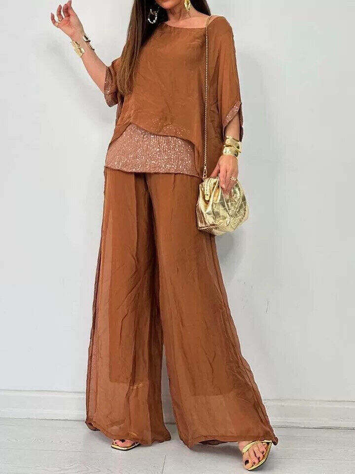 [S-3XL] 2024 novo verão chiffon em torno do pescoço manga curta costurada calças conjunto casual