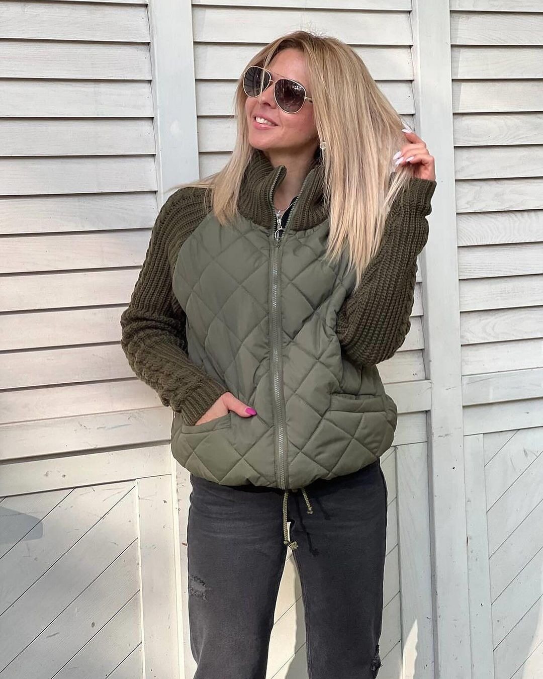 Jaqueta feminina casual, de cor única, patchwork com zíper