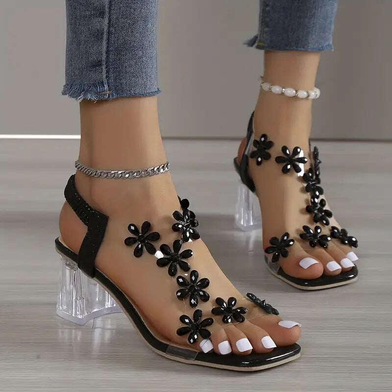 🔥Promoção de último dia com 50% de desconto - sandálias femininas de salto bloco com cristais de flores