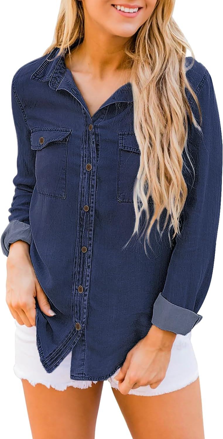 luvamia farmer ing Női Chambray Jean Western Shirts Hosszú ujjú gombos felsők