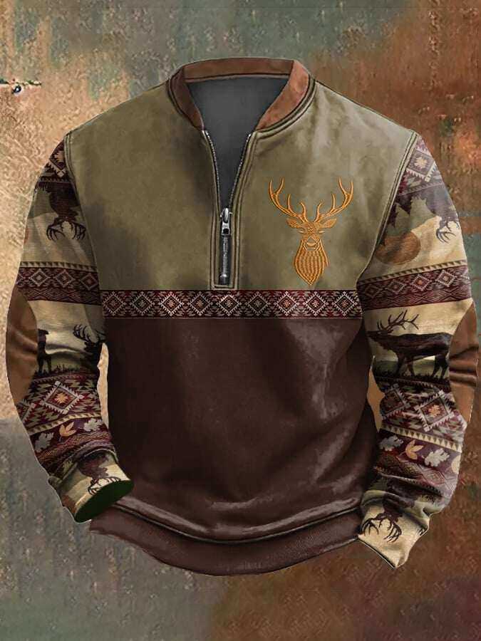 Moletom masculino casual com zíper na cor Vintage Elk contrastante