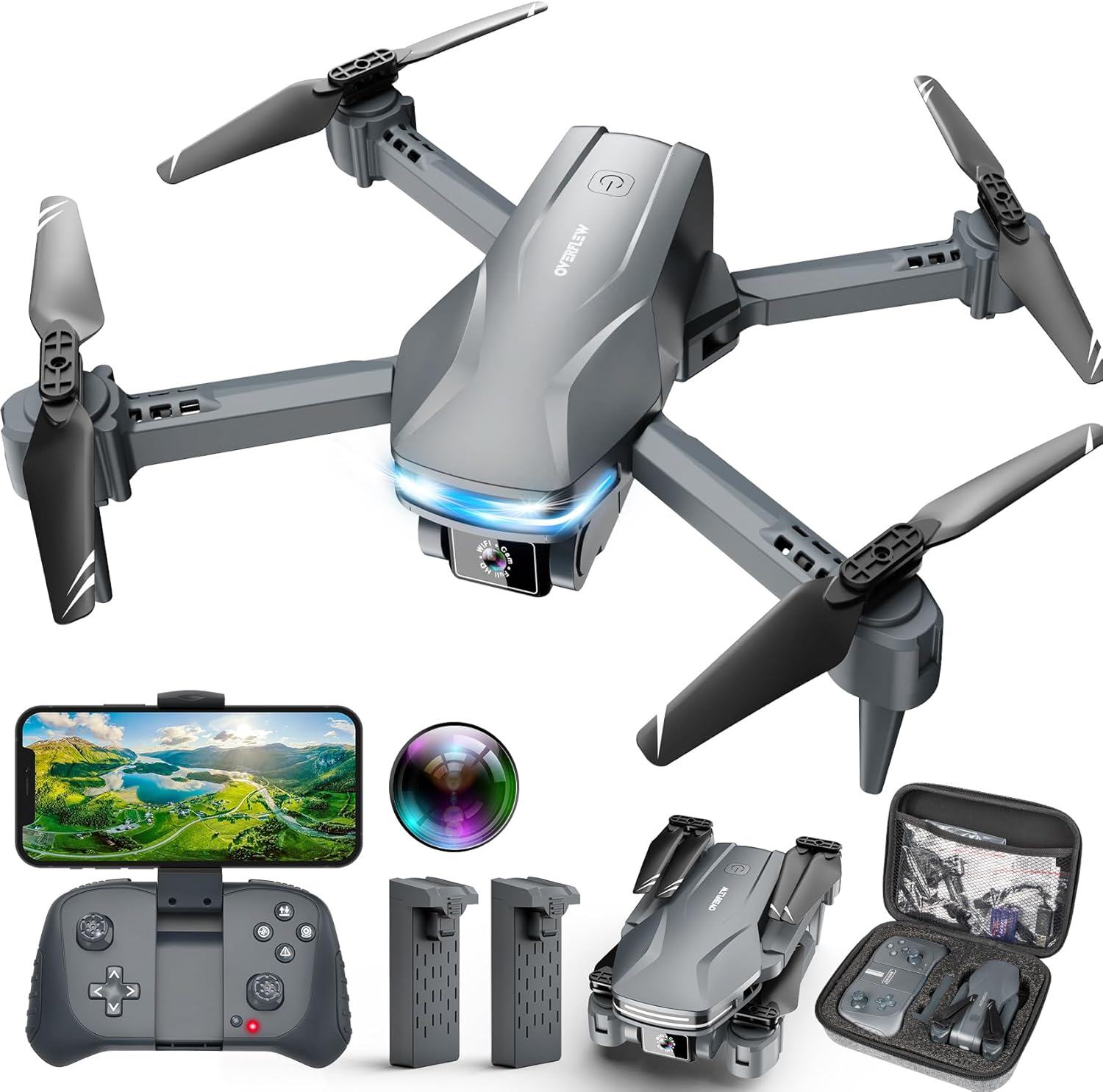 Drone com câmera 1080P HD FPV Drone dobrável para iniciantes e crianças, Quadcopter com controle de gestos de voz com estojo de transporte, decolagem/pouso com uma tecla, posicionamento de fluxo óptico, giro de 360°, voo de ponto de passagem