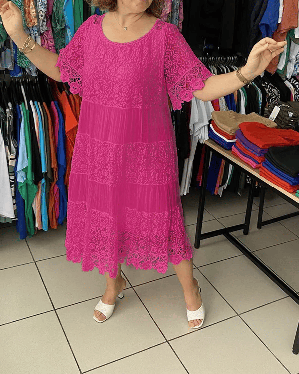 💝Vestido monocromático de renda de manga curta👗