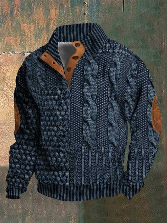 Męska bluza casualowa z nadrukiem retro, z kołnierzykiem i guzikiem