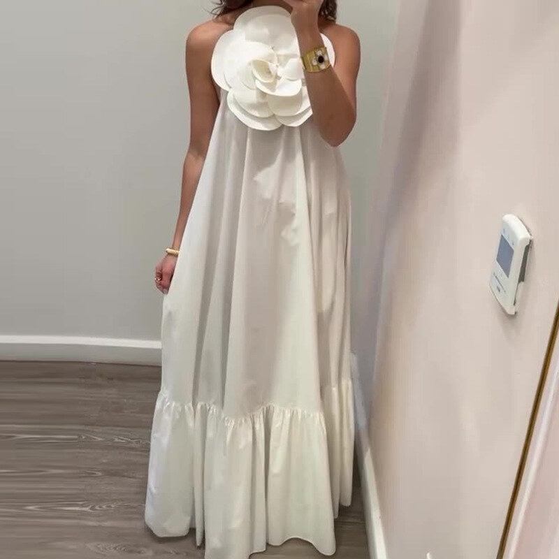 Vestido sem costas elegante de flor tridimensional de cor sólida de estilo suave sofisticado