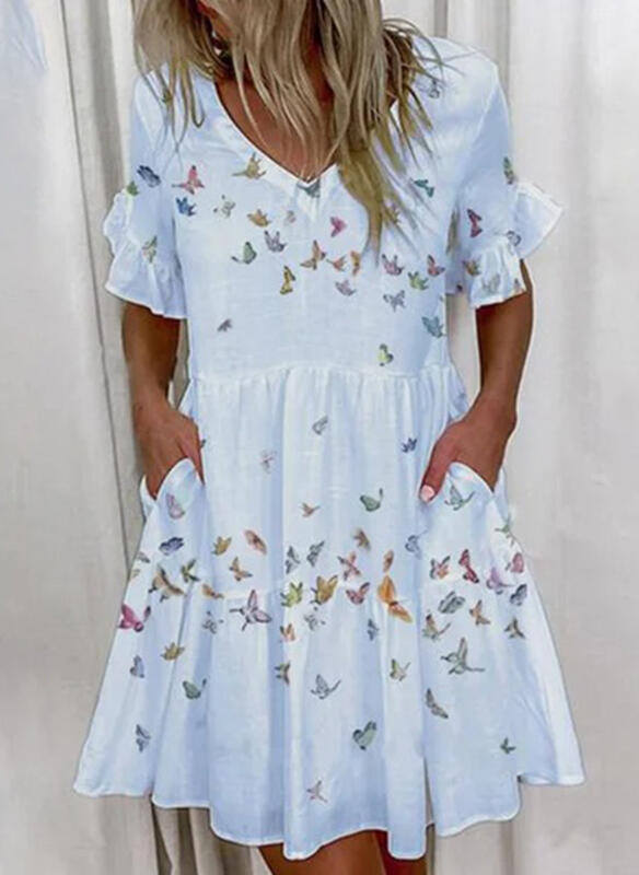 2024 moda primavera e verão vestido curto estampado com babados e bolso para mulheres
