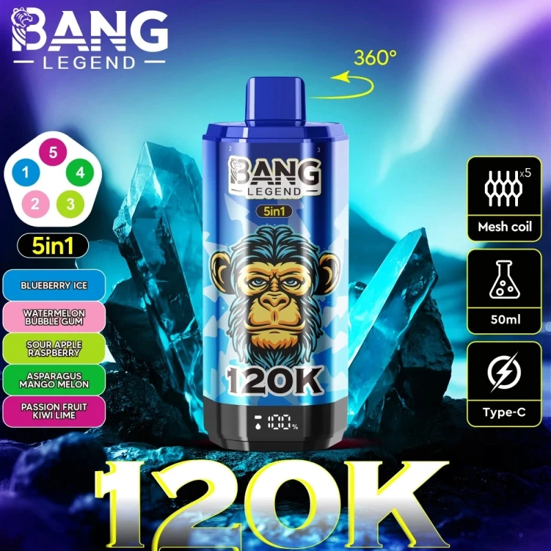Bang Legend 120K Blueberry Ice & Watermelon Bubble Gum & Sour Apple Raspberry & Asparagus Mango Melon & Passion Fruit Kiwi Lime