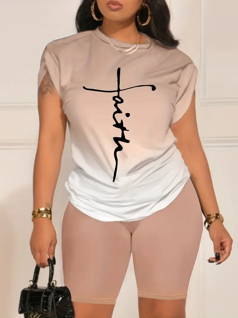 Conjunto casual de duas peças com estampa de letras laranja, gola redonda, manga curta