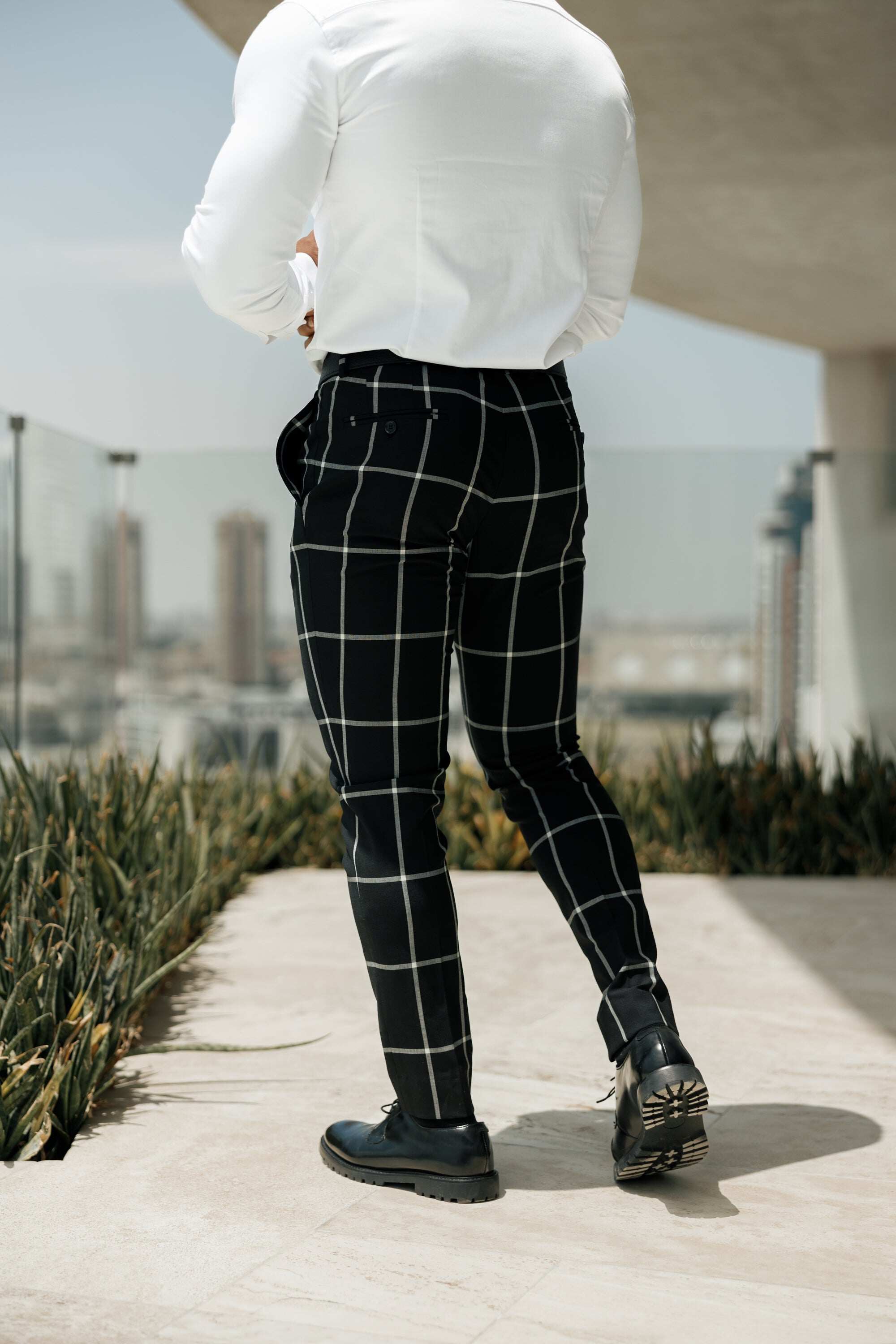 Father Sons Slim Formal Black and Ecru Large Check Stretch Trousers - FST015