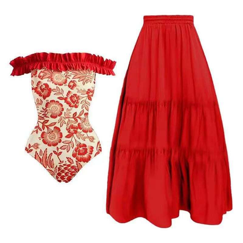 ✨ 2025 New 👙 Red floral print one piece Swimsuit Set