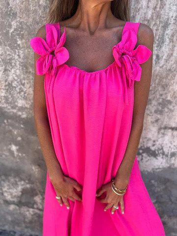 💕Vestido feminino em cor sólida com estampa floral e decote em U